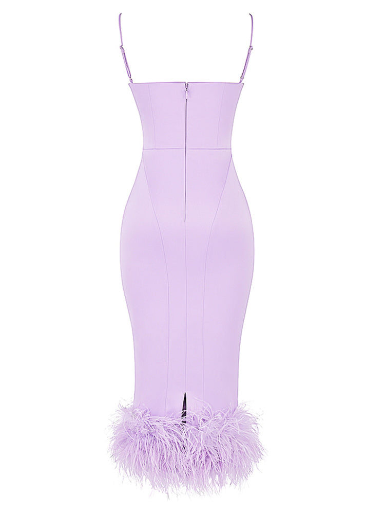 Spaghetti Straps Feather Satin Midi Dress