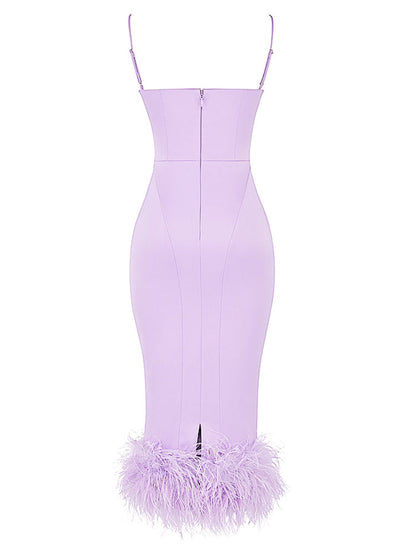 Spaghetti Straps Feather Satin Midi Dress