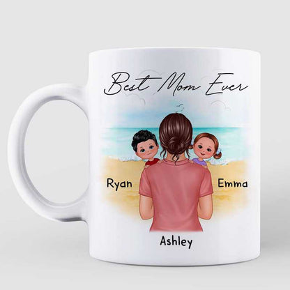 Mom Carrying Kids On Shoulder Best Mom Ever Beach Landscape Personalized Mug