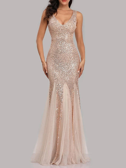 Sequin Tulle V-Neck Mermaid Floor Length Prom Dresses