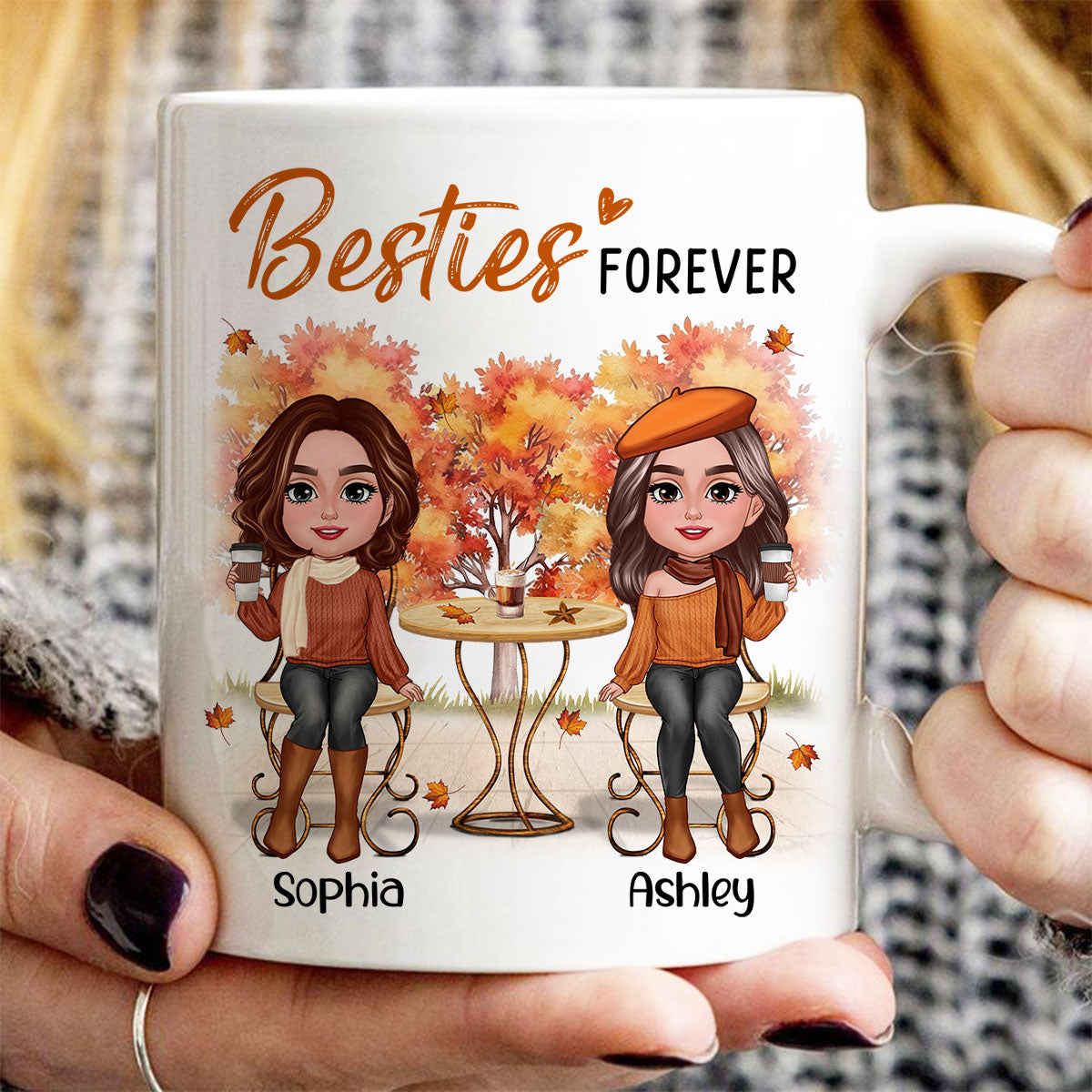 Fall Season Besties Sisters Sitting Table Personalized Mug