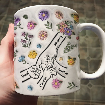 3D Inflated Effect Mother Children Hands Personalized Mug, Heartfelt Gift for Mom