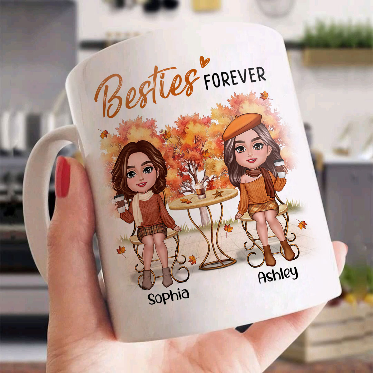 Fall Season Besties Sisters Sitting Table Personalized Mug