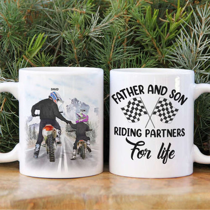 Motocross Father And Son Riding Partners For Life Personalized White Mug, Gift For Dirt Bike Family