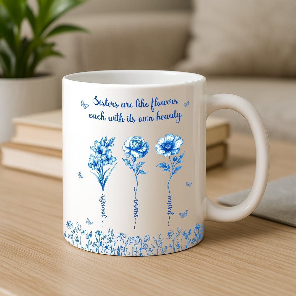 Sisterhood Mug with Names and Flowers Personalized Floral Gift for Sister or Best Friend