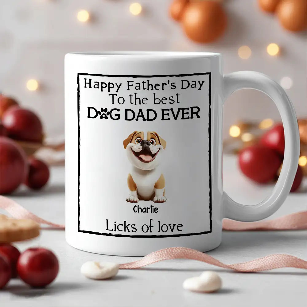 Happy Father's Day Mug Cartoon Dogs Sitting Together with Licks of Love Personalized Gift for Dog Dads