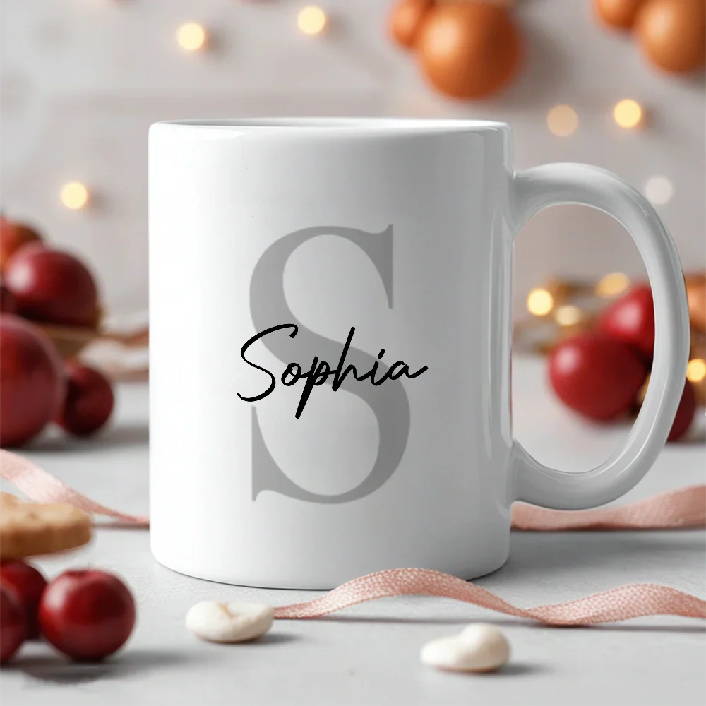 Custom Name Initial Ceramic Mug, Clean Modern Monogram Style for Morning Coffee, Thoughtful Unique Gift for Someone Special