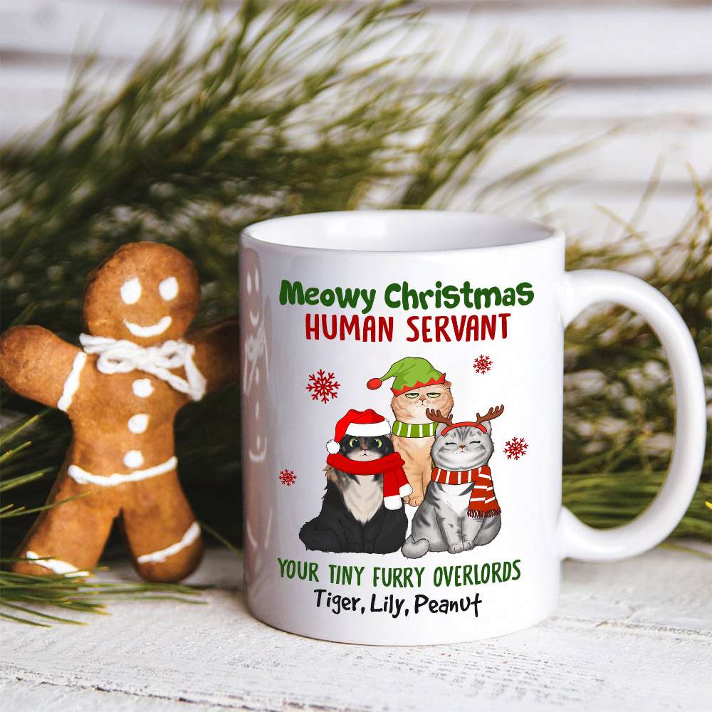 Meowy Christmas Human Servant Your Tiny Furry Overlords, Personalized Cat Christmas Mug, Christmas Gift