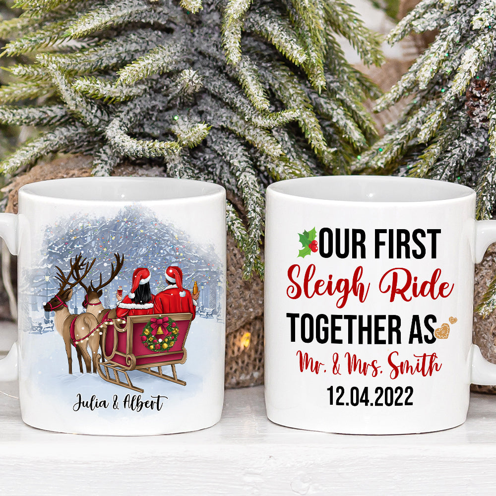 Our First Sleigh Ride Together As, Christmas White Mug Gift For Newly Married Couple