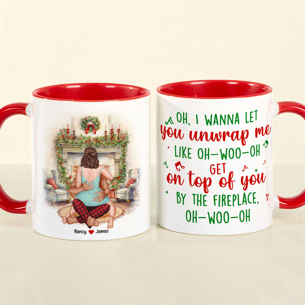 I Wanna Let Him Unwrap Me, Personalized Naughty Couple Accent Mug, Gift For Christmas