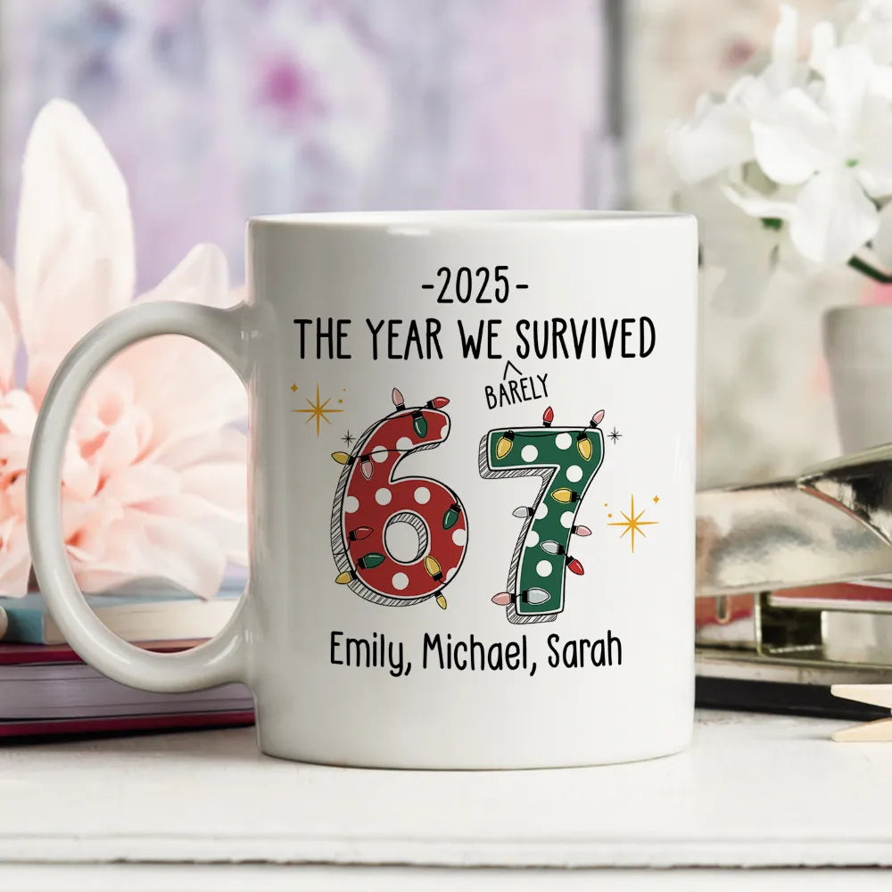 Custom 67 Ceramic Mug with Festive Dotted Numbers, Personalized Year We Survived Joke for Office Friends, Fun & Cute Gift