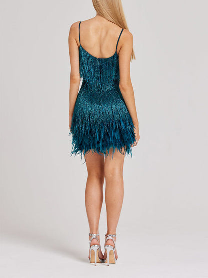 Sequin V Neck Feather Trim Mini Dress