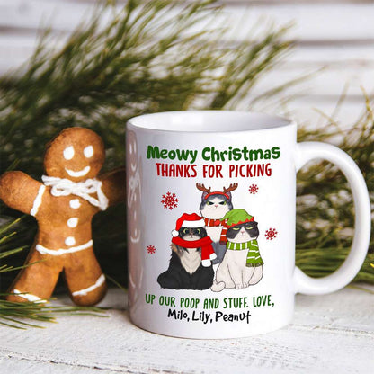 Meowy Christmas Thanks For Picking Up Our Stuff, Personalized Cat Christmas Mug, Christmas Gift