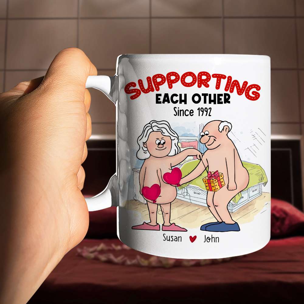 Supporting Each Other, Old Funny Couple Valentine White Mug
