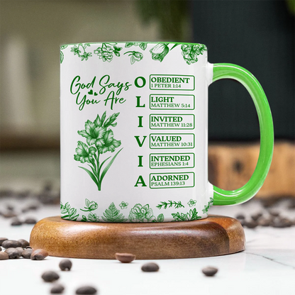 Personalized God Says I Am Name Letter In Bible Birth Flower Toile De Jouy Style Accent Mug HO82 894652