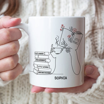 Girl Reading & Drink Coffee Line Art - Custom Book Title Mug - Gift For Book Lovers