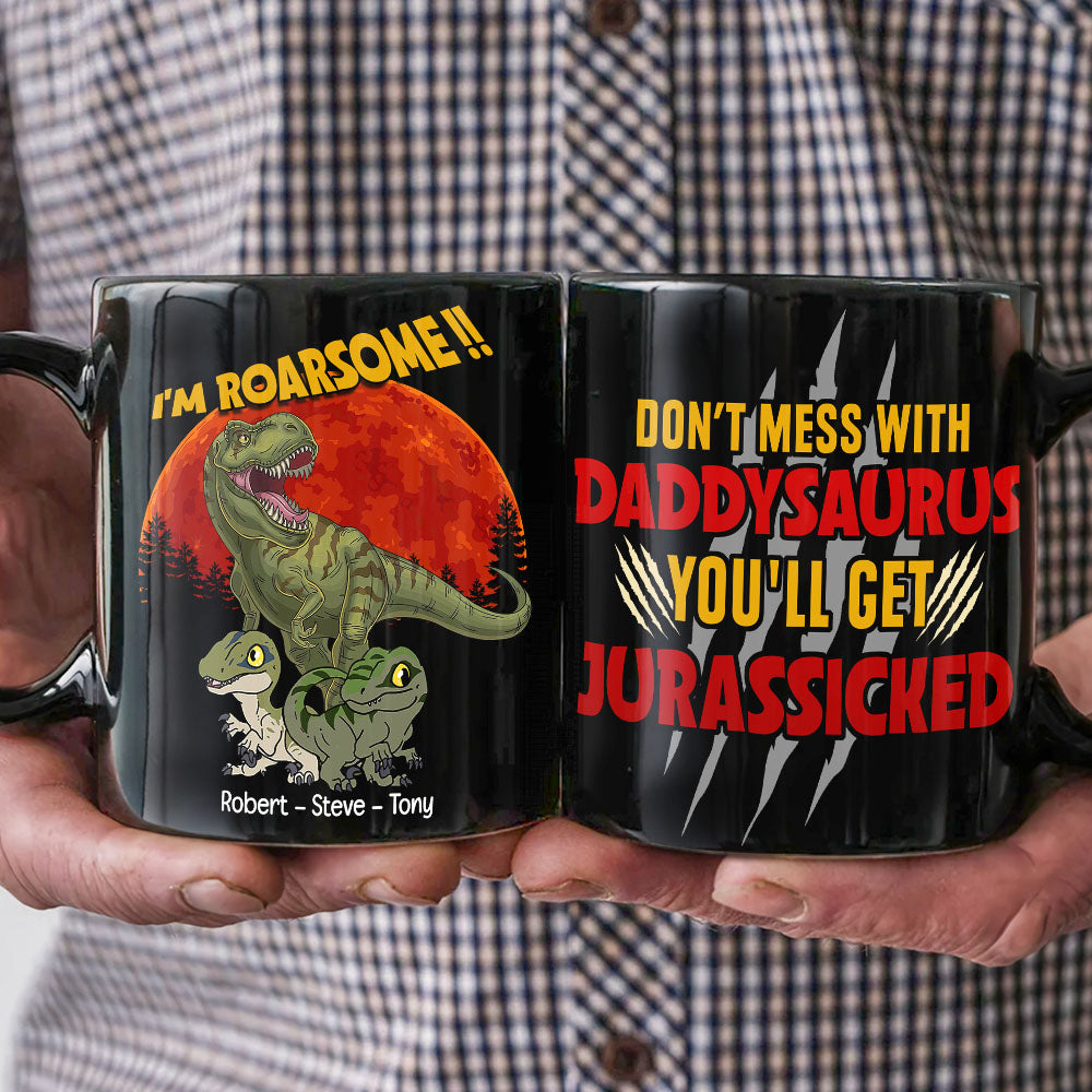 T-Rex Roarsome Dad Personalized Coffee Mug, Black Mug BLM-04dnpo070623