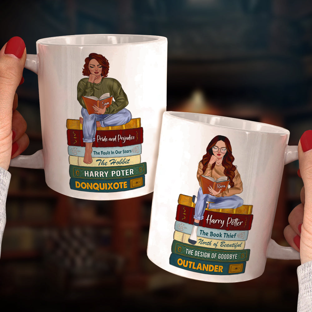 Reading Girl Sitting On Bookstack, Personalized White Mug