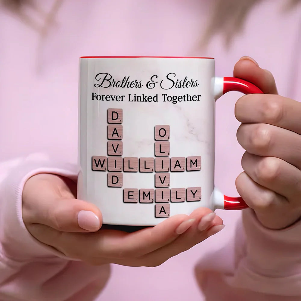 Personalized Brothers And Sisters Mug With Crossword Names White Ceramic Mug Unique Sibling Gift Keepsake