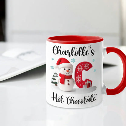 Custom Snowman Initial White Ceramic Mug for Hot Chocolate & Morning Coffee Festive Personalized Christmas Gift, Fun and Cute Winter Present
