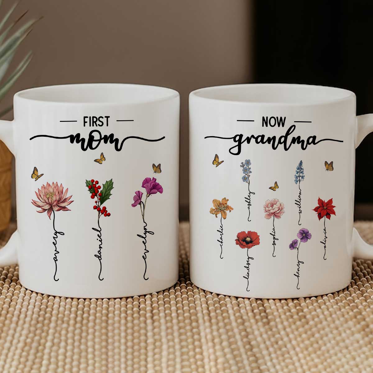 First Mom Now Grandma Birth Flower Personalized Mug