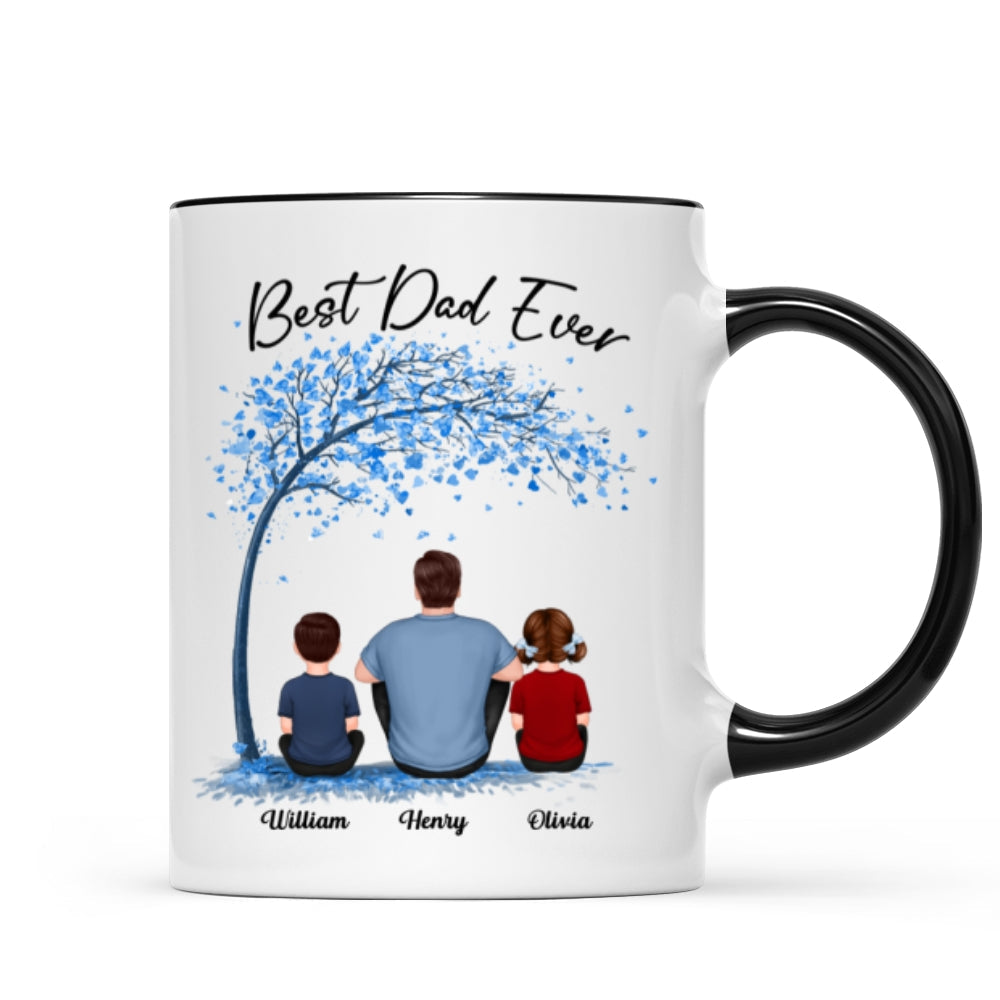 Blue Tree Best Dad Ever Back View Man Sitting With Kids Dogs Cats Father's Day Gift Personalized Mug