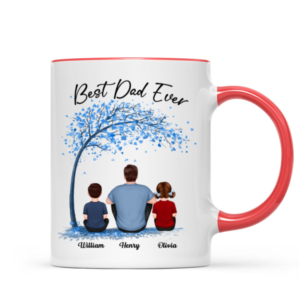 Blue Tree Best Dad Ever Back View Man Sitting With Kids Dogs Cats Father's Day Gift Personalized Mug