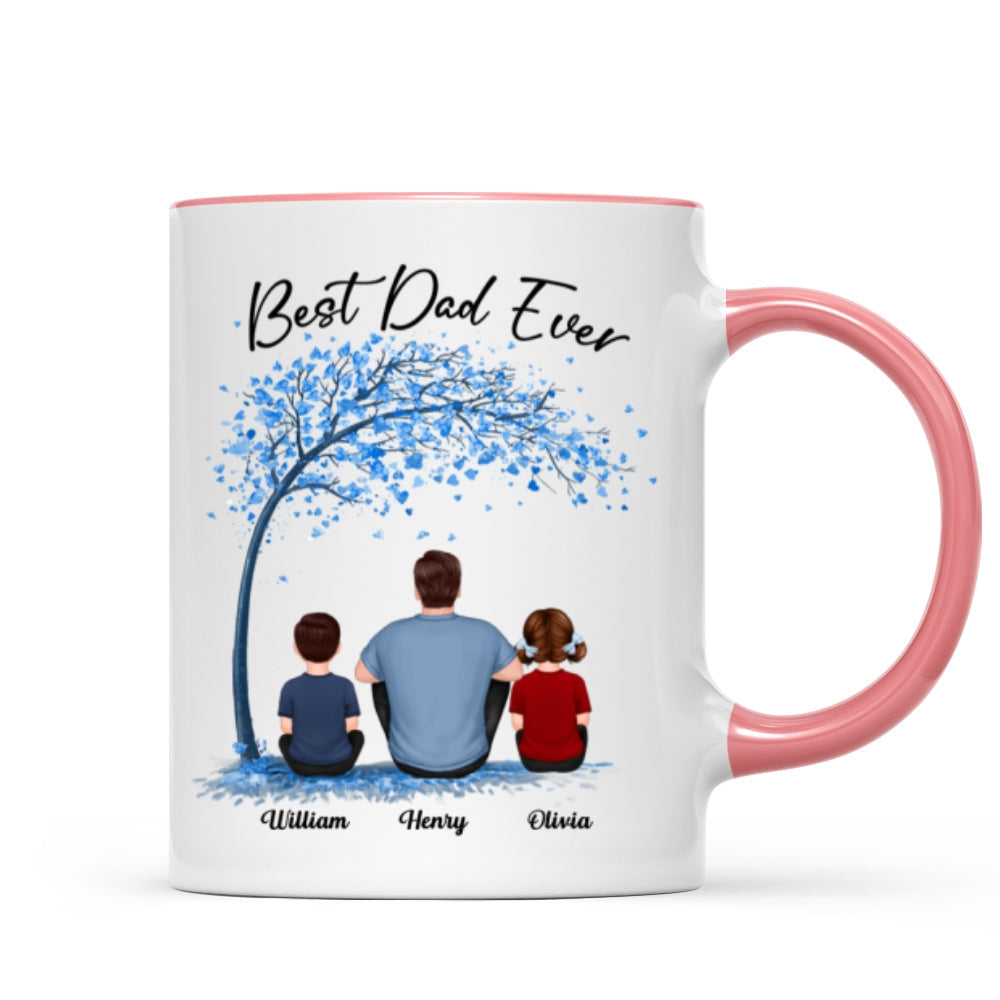 Blue Tree Best Dad Ever Back View Man Sitting With Kids Dogs Cats Father's Day Gift Personalized Mug