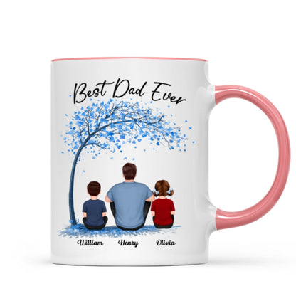 Blue Tree Best Dad Ever Back View Man Sitting With Kids Dogs Cats Father's Day Gift Personalized Mug