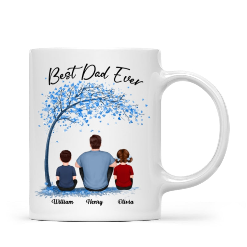 Blue Tree Best Dad Ever Back View Man Sitting With Kids Dogs Cats Father's Day Gift Personalized Mug