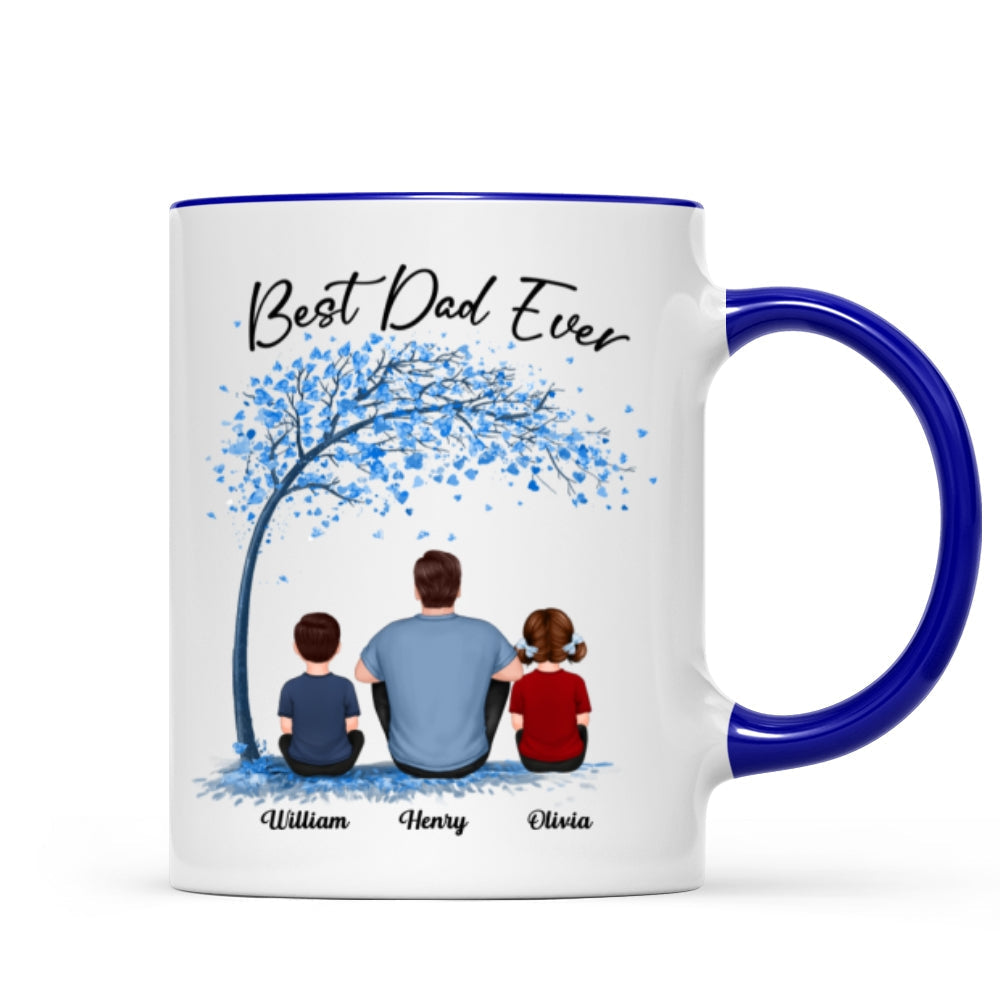 Blue Tree Best Dad Ever Back View Man Sitting With Kids Dogs Cats Father's Day Gift Personalized Mug