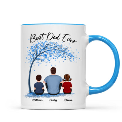 Blue Tree Best Dad Ever Back View Man Sitting With Kids Dogs Cats Father's Day Gift Personalized Mug