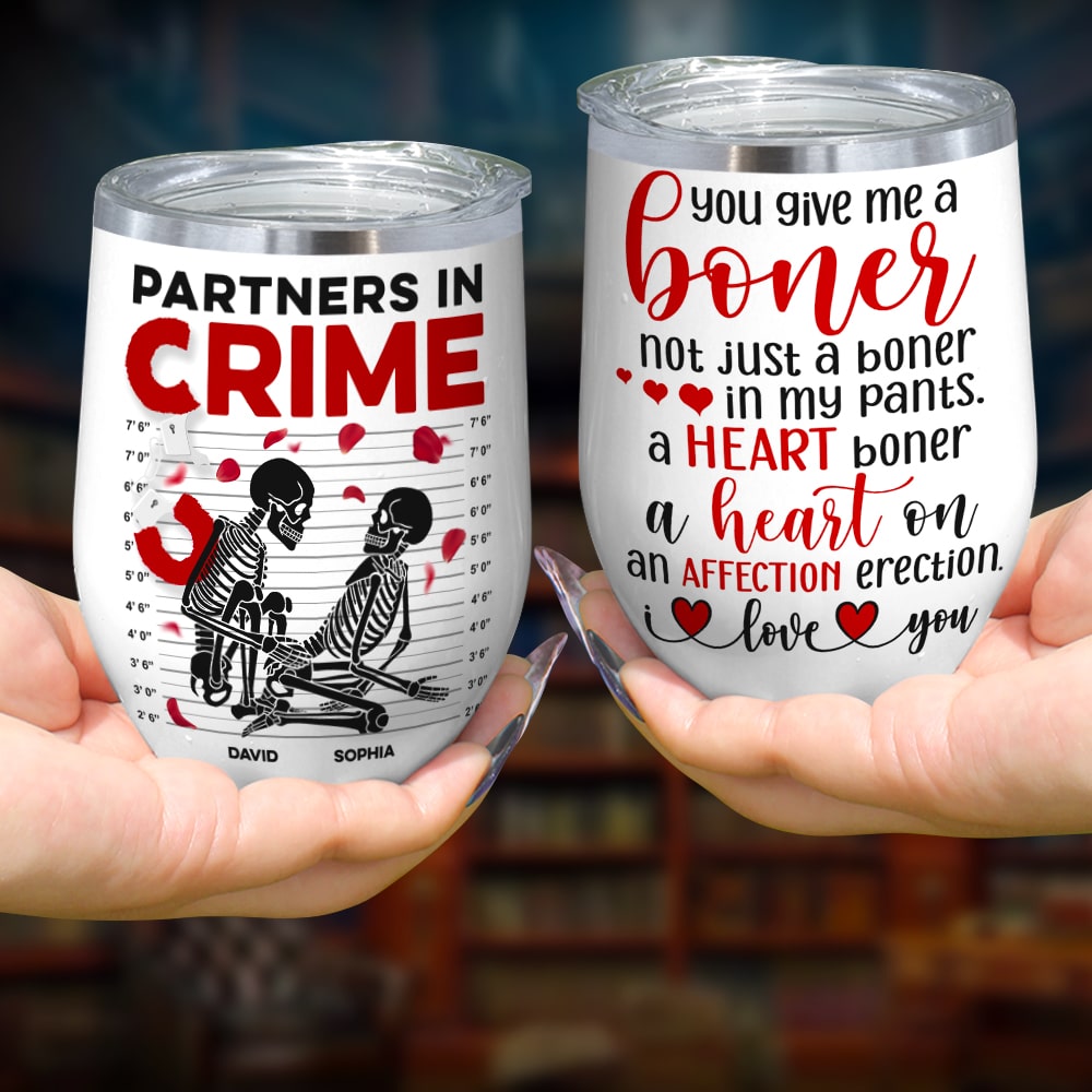 Partners In Crime-Gift For Couple-Personalized Wine Tumbler-Skull Funny Couple Wine Tumbler