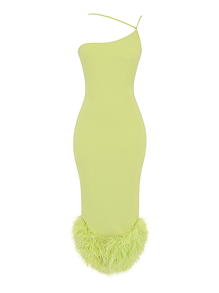 Asymmetric Neckline Feather Trim Midi Dress