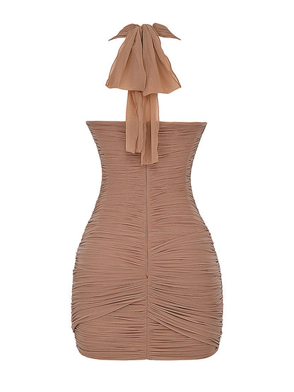 Gathered Plunge Neck Halter Backless Mini Dress