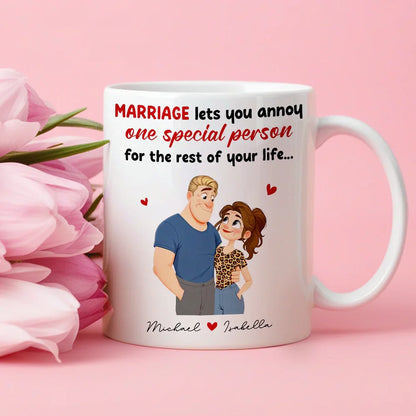 Personalized Ceramic Mug Funny Marriage Quote With Cute Couple Illustration - Unique Gift For Wife Or Husband