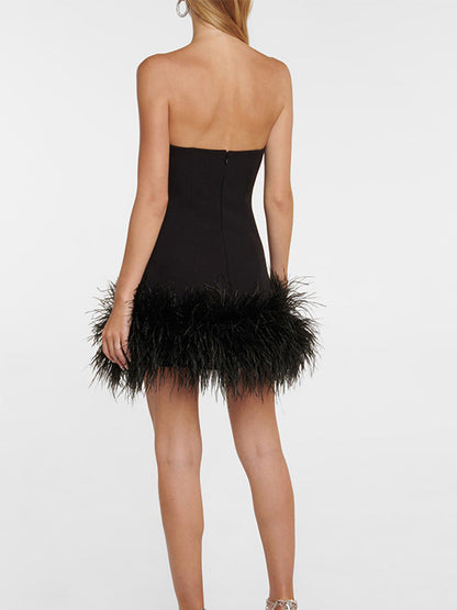 Feather-trimmed Bandeau Neck A-line Mini Dress