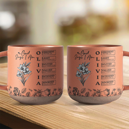God Says I Am Name Letter In Bible Birth Flower Toile De Jouy Style - Personalized Pottery Mug HO82 894590
