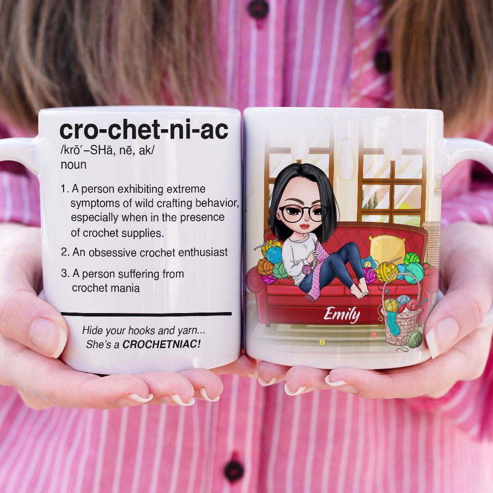 She's A Crochetniac - Personalized White Mug