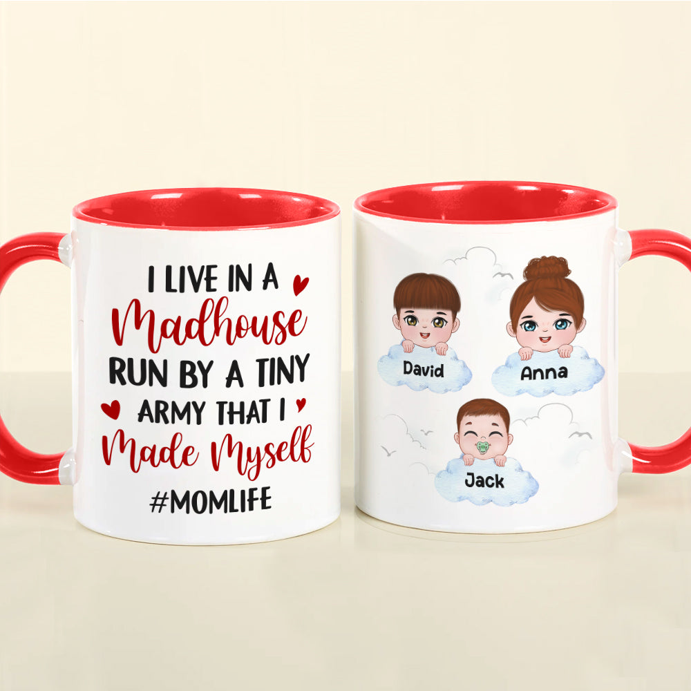 I Live In A Madhouse, Personalized Mug, Gift For Mom, Mother's Day Gift, Little Kids With Clouds