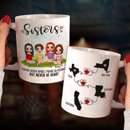 Personalized Sister Map Mug, Apart In Distance But Never At Heart, Gift for Sisters In Long Distance