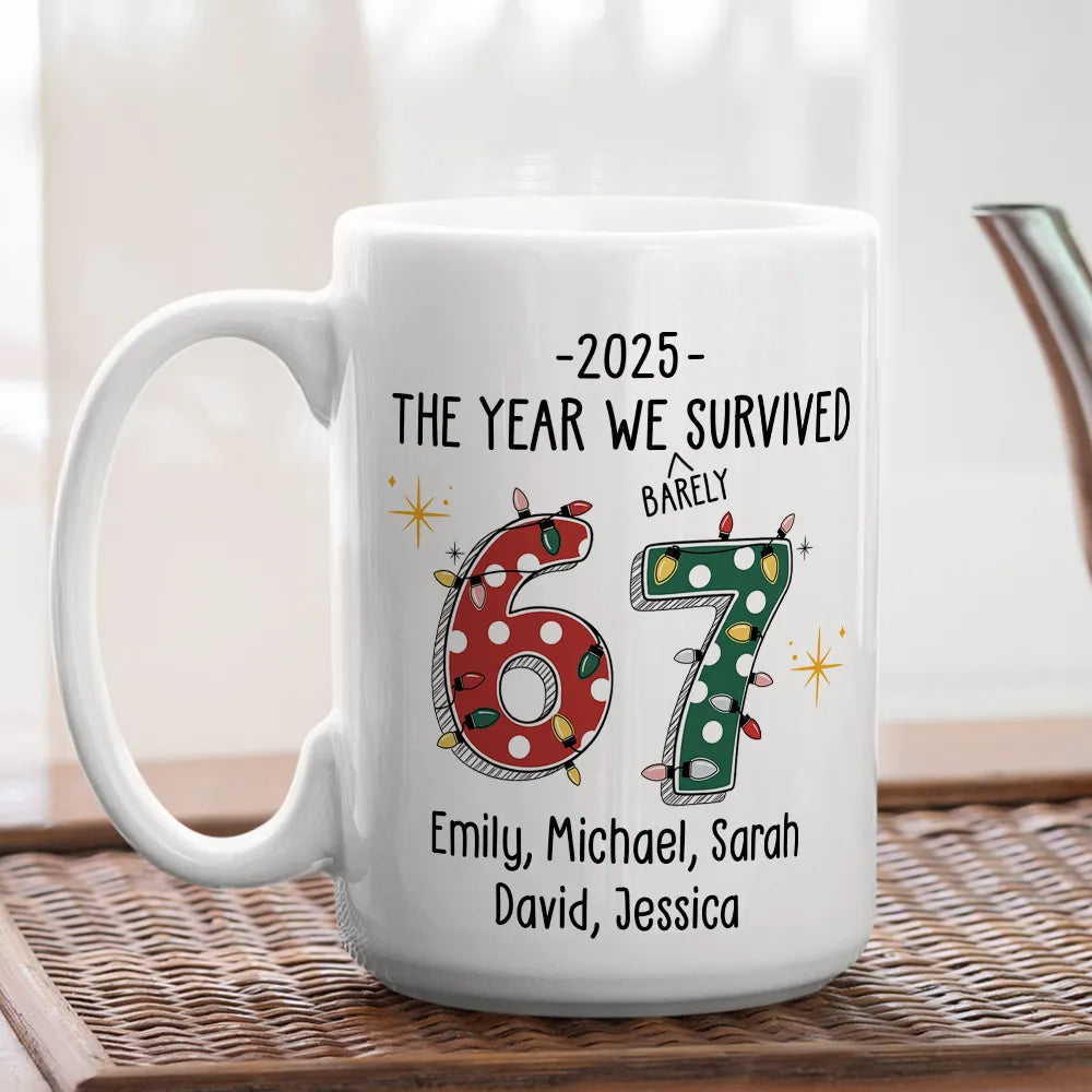 Custom 67 Ceramic Mug with Festive Dotted Numbers, Personalized Year We Survived Joke for Office Friends, Fun & Cute Gift