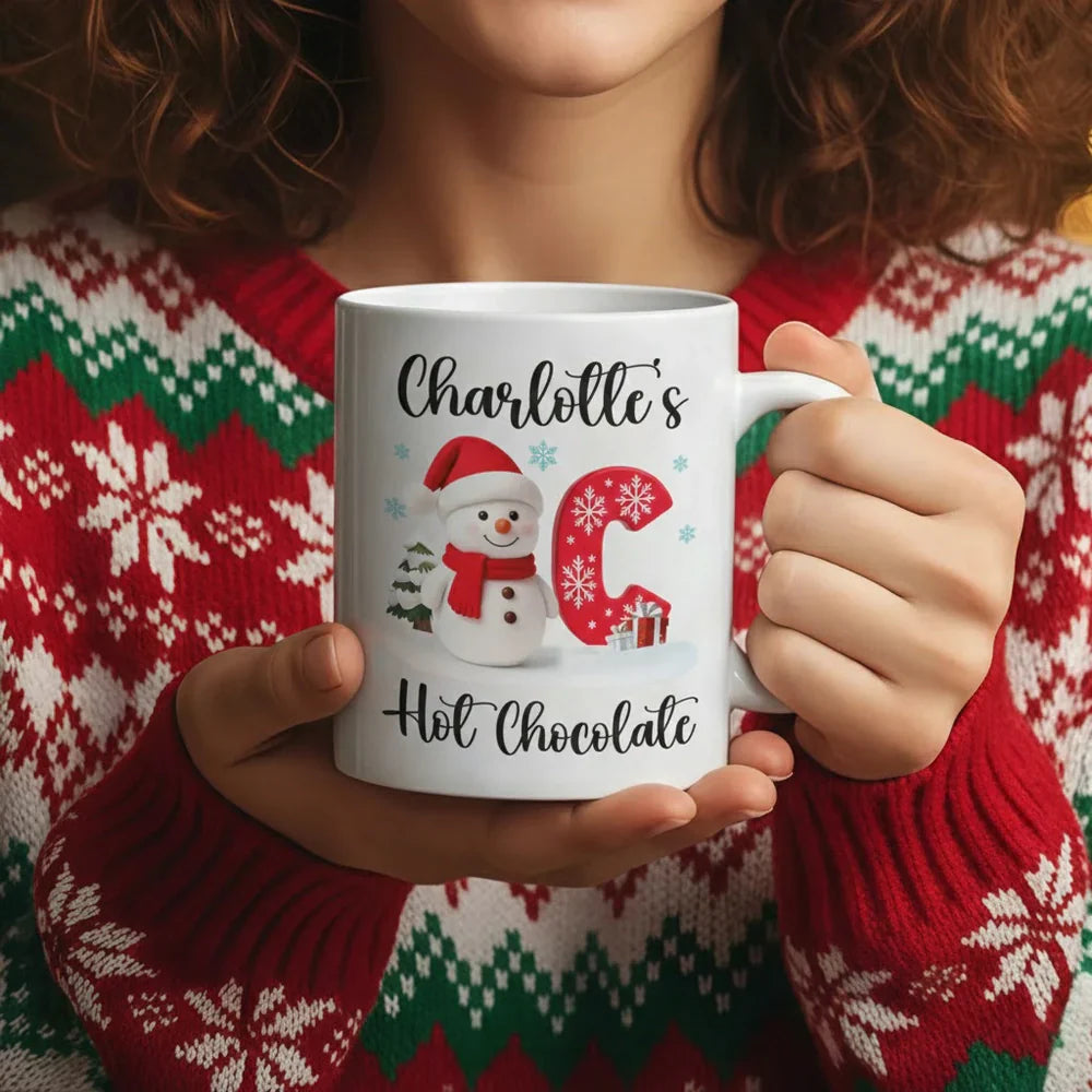 Custom Snowman Initial White Ceramic Mug for Hot Chocolate & Morning Coffee Festive Personalized Christmas Gift, Fun and Cute Winter Present