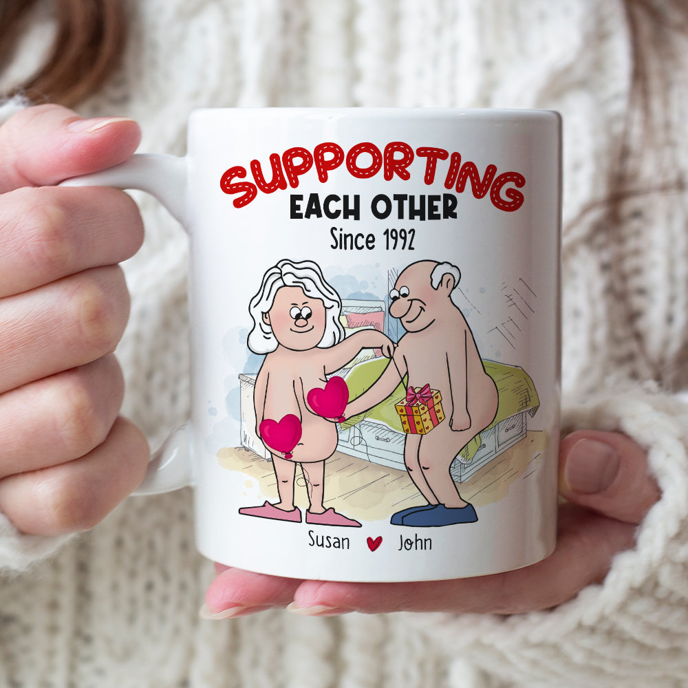 Supporting Each Other, Old Funny Couple Valentine White Mug