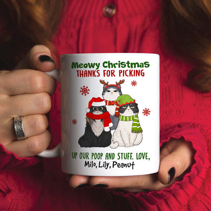Meowy Christmas Thanks For Picking Up Our Stuff, Personalized Cat Christmas Mug, Christmas Gift