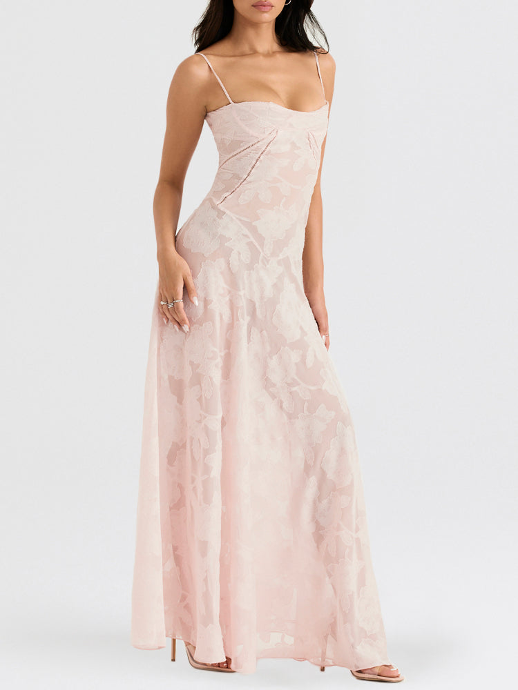 Elegant Thin Straps Floral Lace Maxi Dress