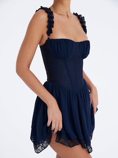 Navy Ruffle Straps Corset Layered Hanky Mini Dress
