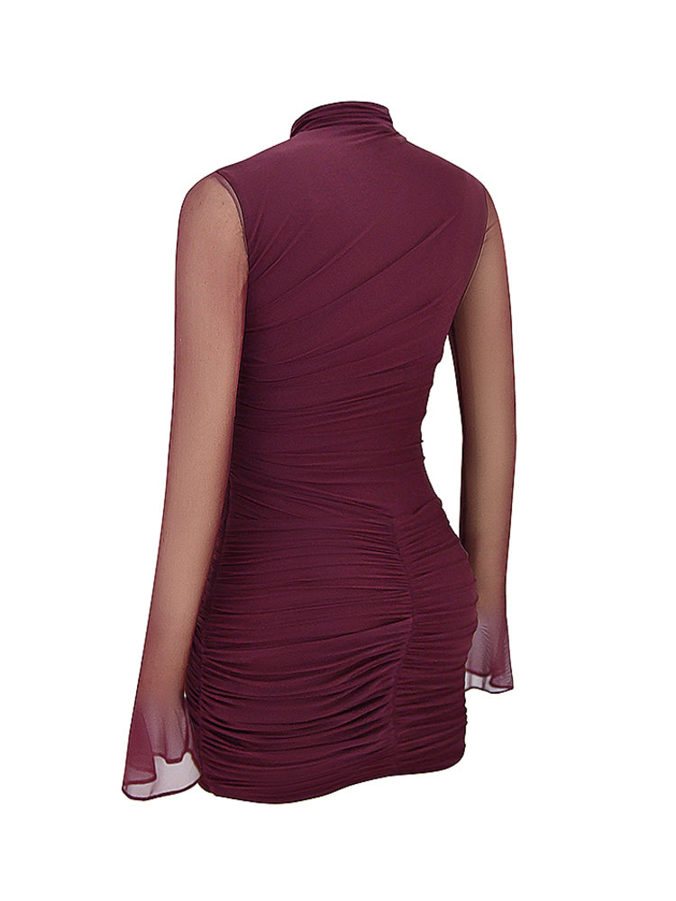 Mesh High Mock Neck Bodycon Ruched Mini Dress