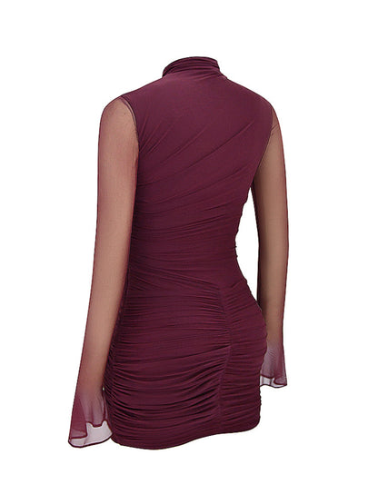 Mesh High Mock Neck Bodycon Ruched Mini Dress