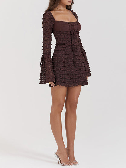 Brown Lace Long Sleeve Floaty Mini Dress